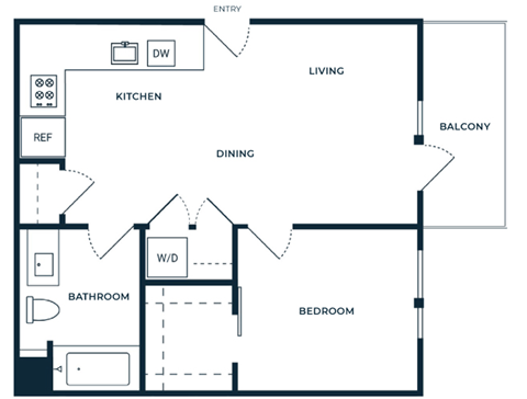 Floor plan for 1 bed, 1 bath, 675 sqft